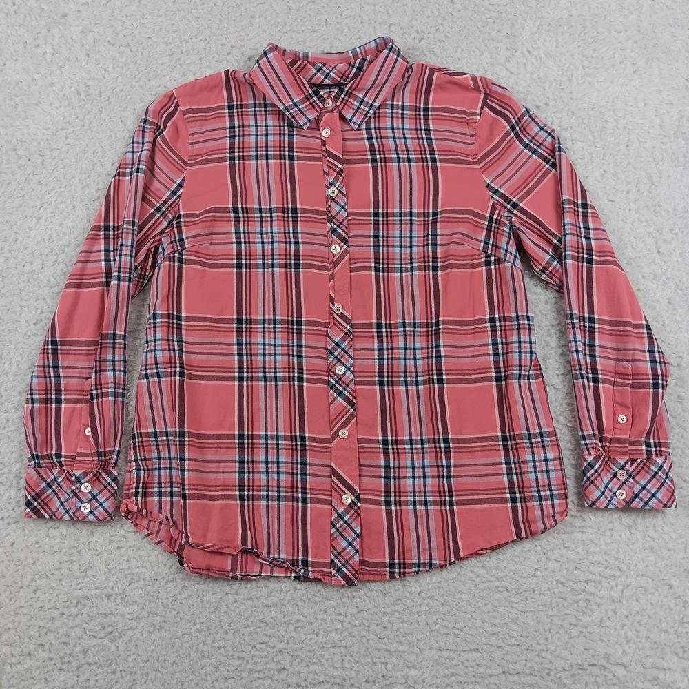 Talbots Button Down Shirt Women MP Coral Pink Plaid Cotton Rayon Blend 06/20